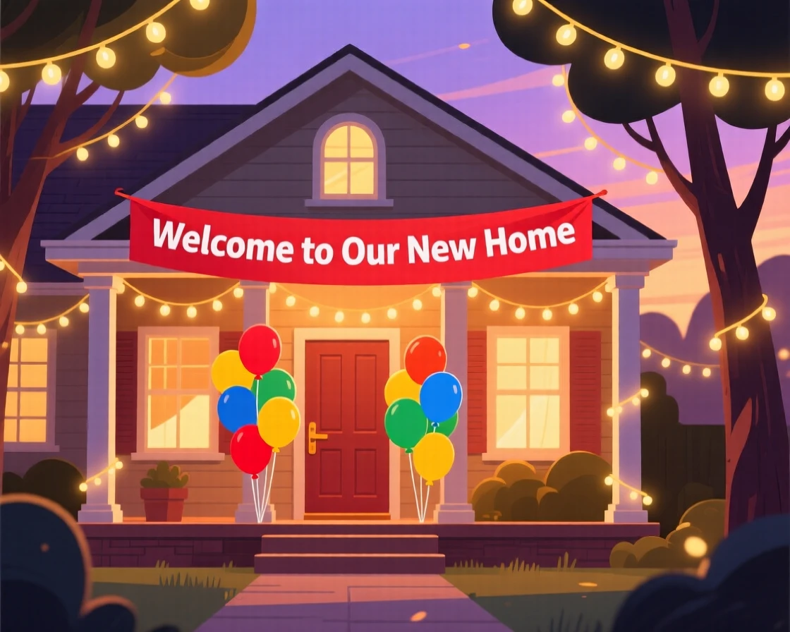 A cheerful housewarming party with balloons and a welcome banner, surrounded by twinkling fairy lights at dusk, composed with warm inviting light filling the scene, with warm twinkling lights adding a magical sparkle.