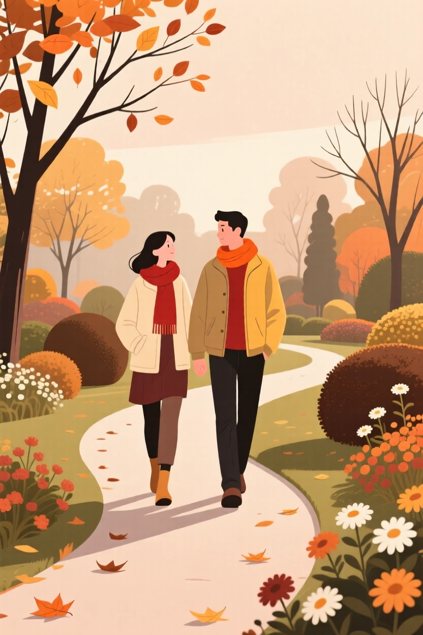 An autumn scene of a couple walking in a botanical garden.
