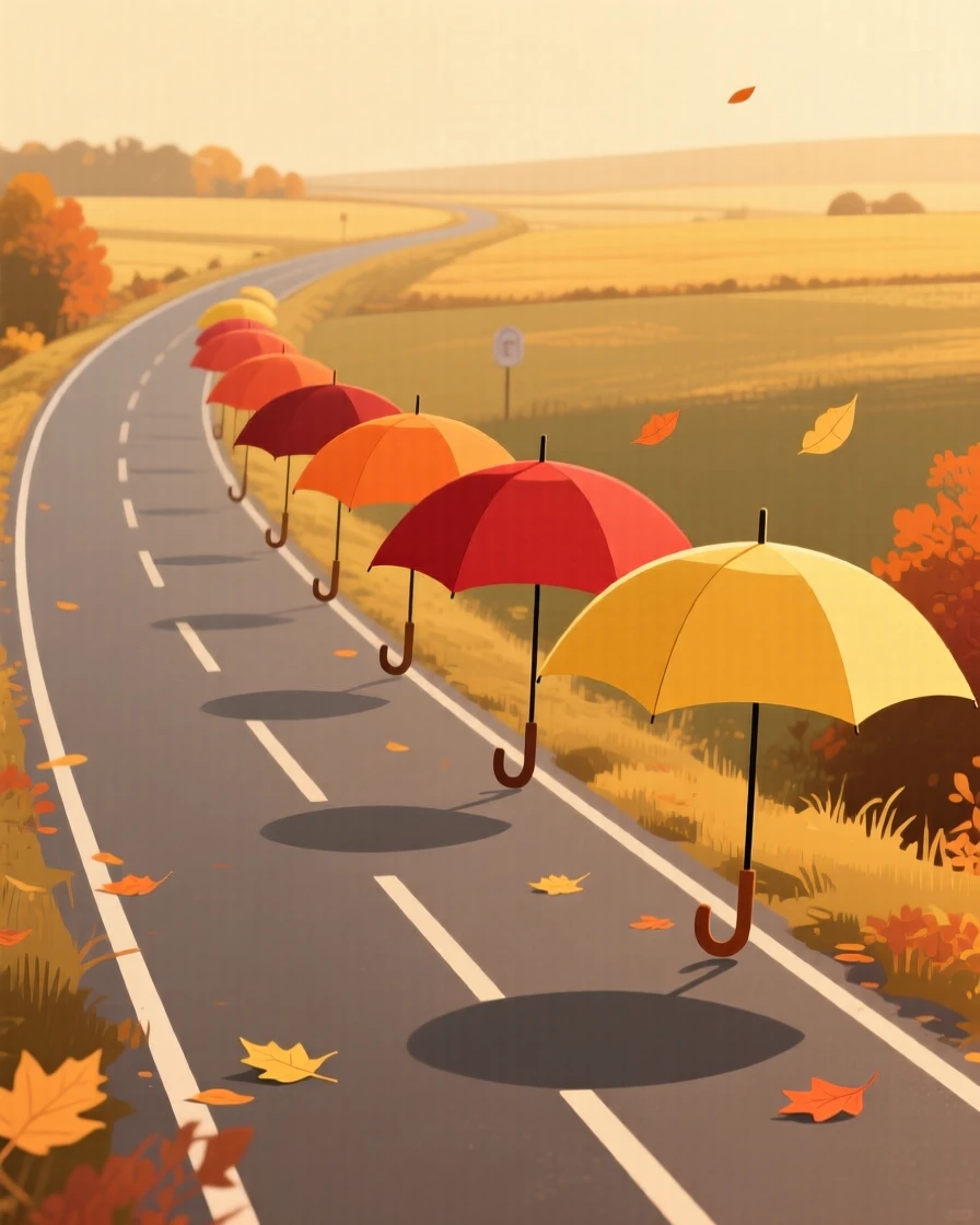 A quiet countryside road, transformed by golden autumn light, with a row of colorful umbrellas scattered throughout, captures seasonal renewal.