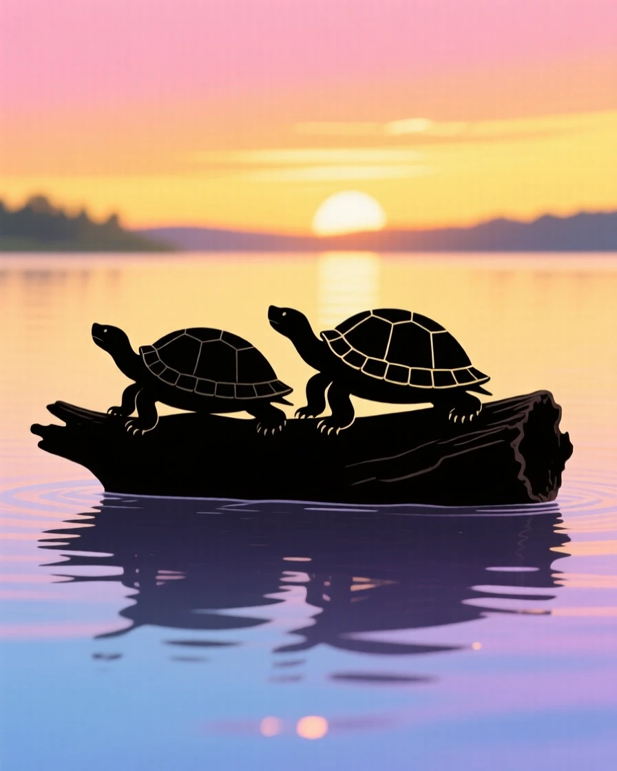 A pair of turtles basking side by side on a floating log.