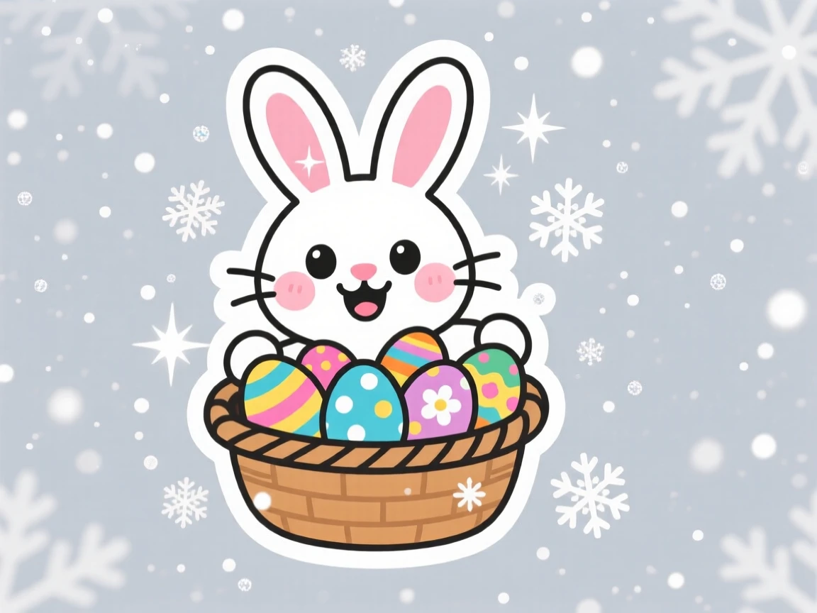 A sparkling and celebratory bunny with a basket of decorated eggs, with a light dusting of glittering snow, during the most magical time of year.