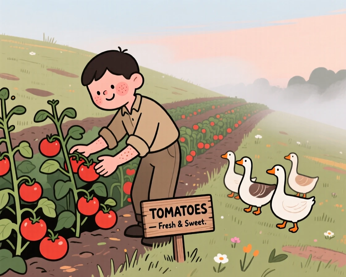 A young farmer tends rows of ripening tomatoes on a hillside field as geese wander nearby and the morning mist begins to lift.