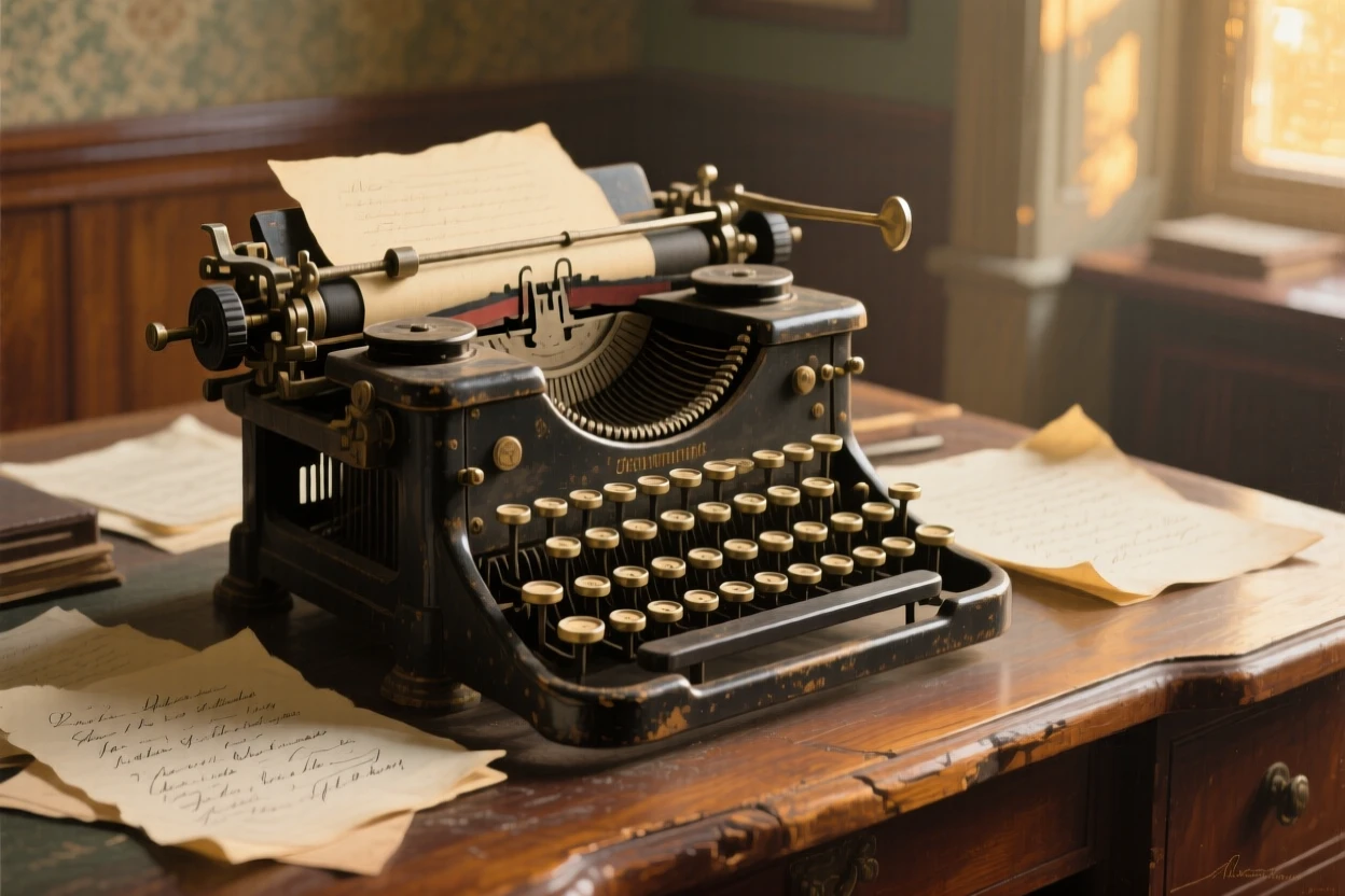 An intimate close-up of an antique typewriter surrounded by scattered handwritten pages, just after sunrise.