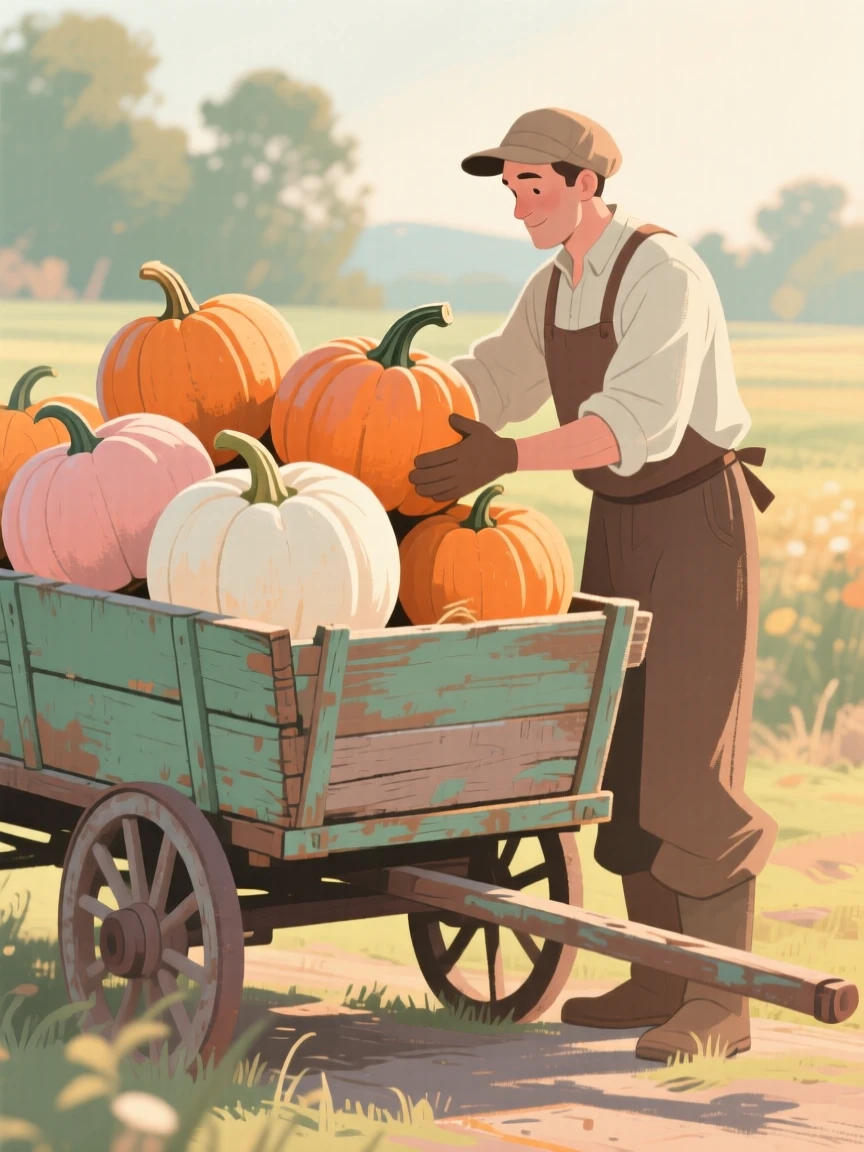 A farmer stacking pumpkins beside an old wooden cart