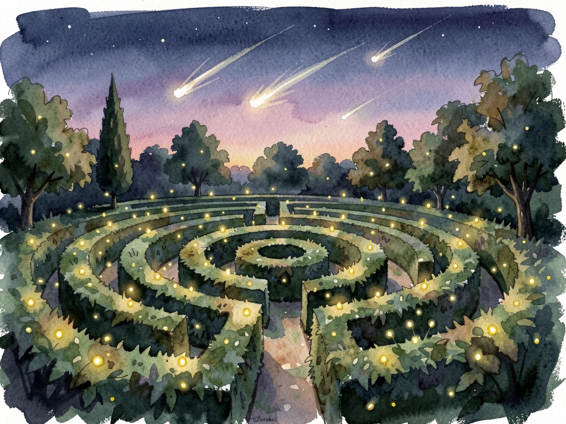 A castle garden maze glowing with fireflies as shooting stars streak overhead.