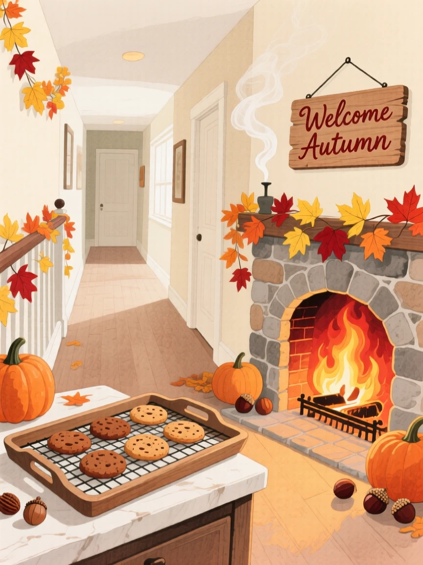 A charming view of an autumn-decorated hallway, with a fire crackling softly in the hearth, featuring a tray of cookies cooling on a rack
