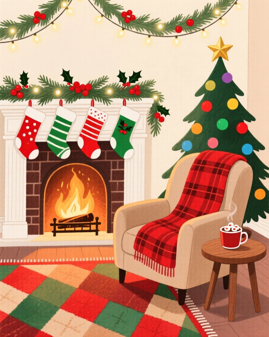 A cozy living room decorated for Christmas with stockings by the fire, filled with seasonal charm.