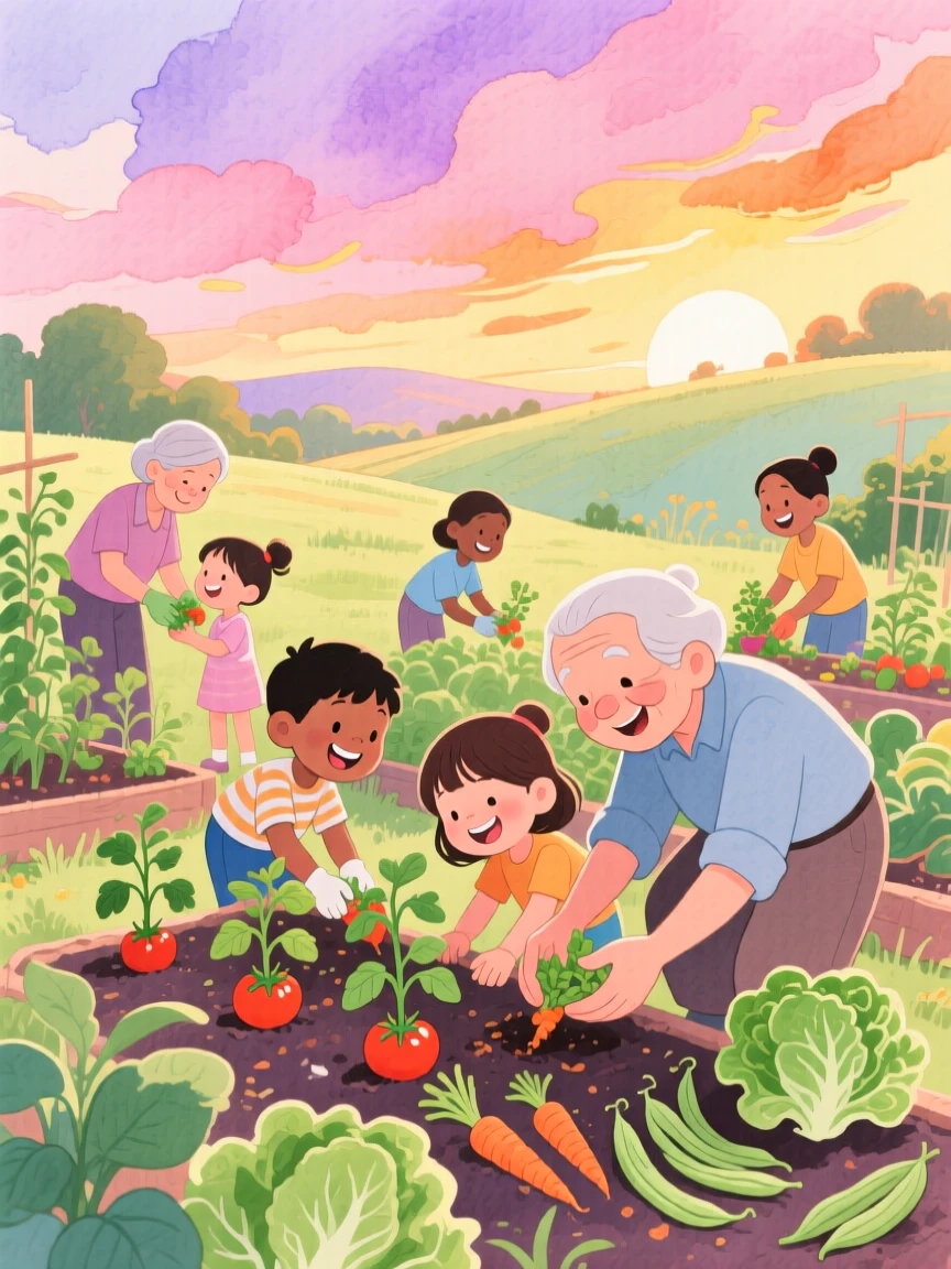 A community garden where children and elders plant vegetables side by side, under a sky painted with the soft colors of sunset, radiating kindness, hope, and heartfelt emotion.