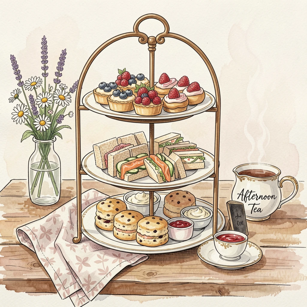 A tiered afternoon tea stand with delicate pastries and finger sandwiches, a cozy, homemade atmosphere filling the scene.