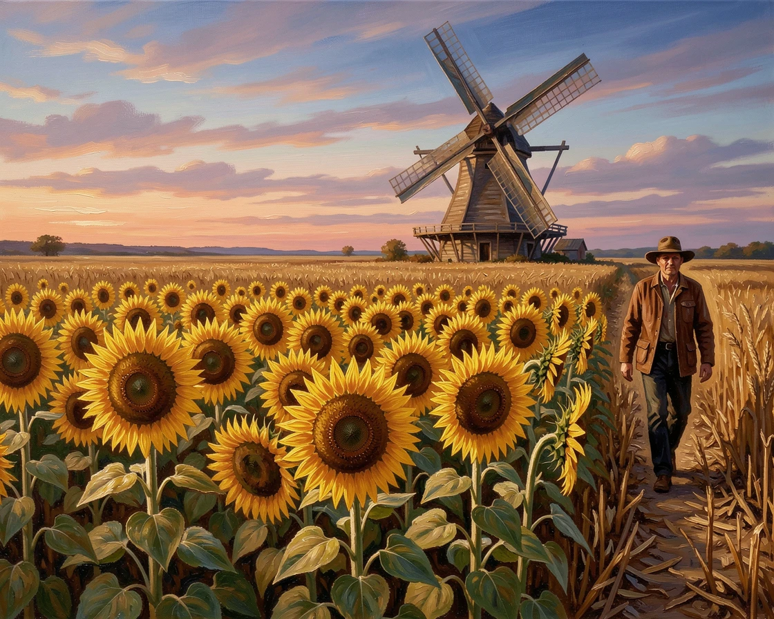 A sunflower field in full bloom, with a windmill turning slowly in the distance, a farmer walking along the edge of the field at dusk, in late autumn, after the harvest, stubble fields stretching out.