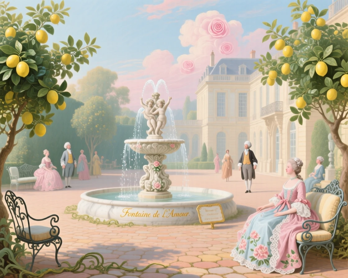 A palace courtyard framed by lemon trees and a central fountain  