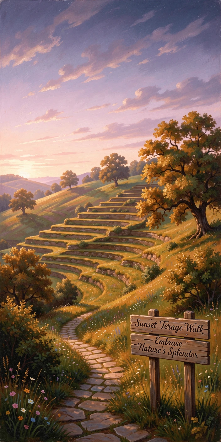 Terraced hillsides glowing at the close of day.