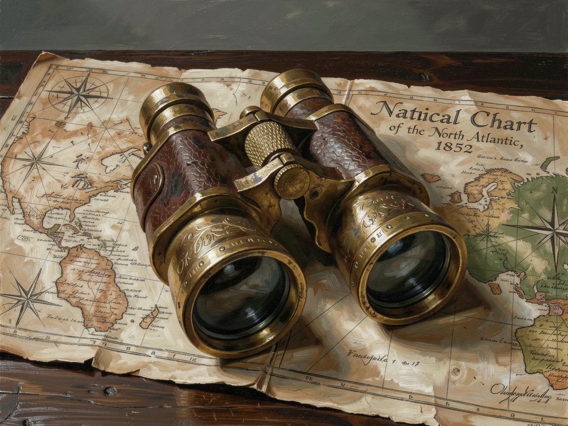 A pair of vintage binoculars resting on an antique nautical map, as delicate shadows fall across the surrounding surface, celebrating the beauty found in fine craftsmanship and detail