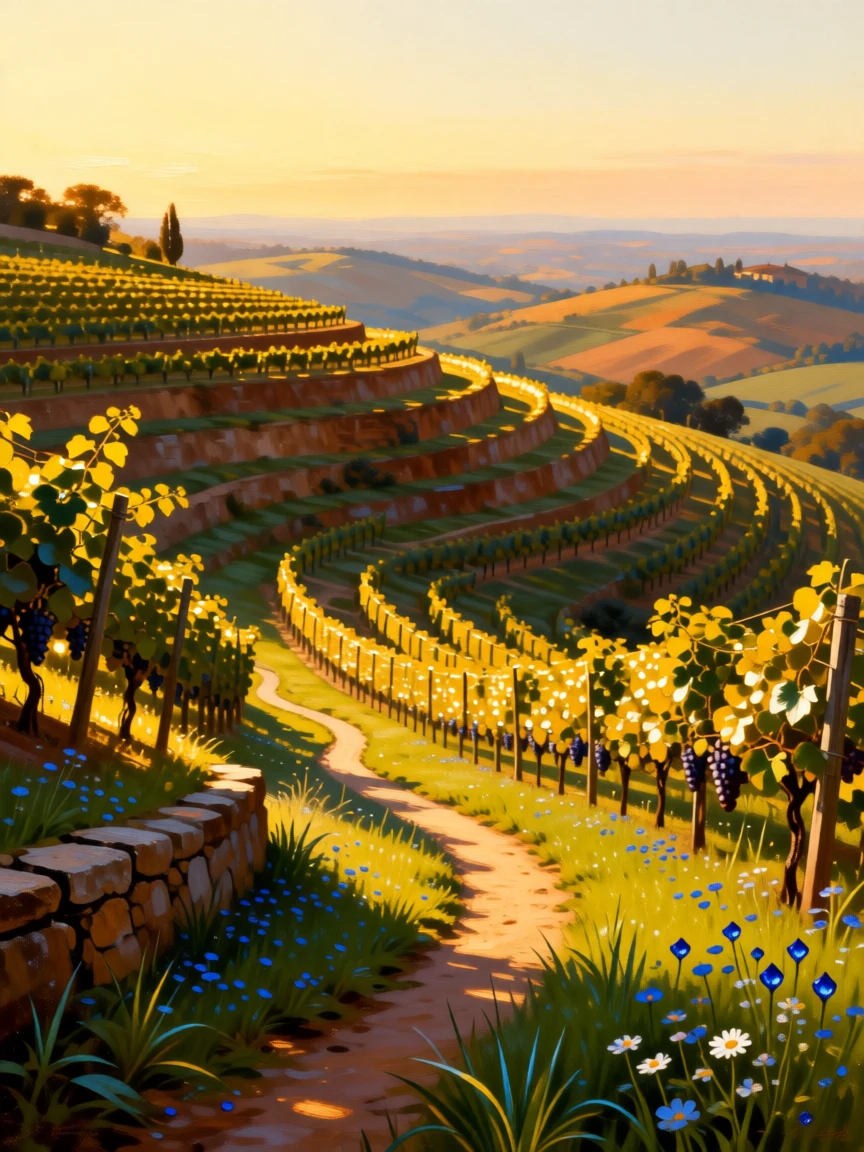 A terraced vineyard rolling across sunlit hillsides glowing under the last light of a fading afternoon, set within reach of a winding country path, with wildflowers scattered like scattered jewels across the green; foreground detail frames a sweeping, luminous background, capturing a fleeting, golden moment worth preserving forever.