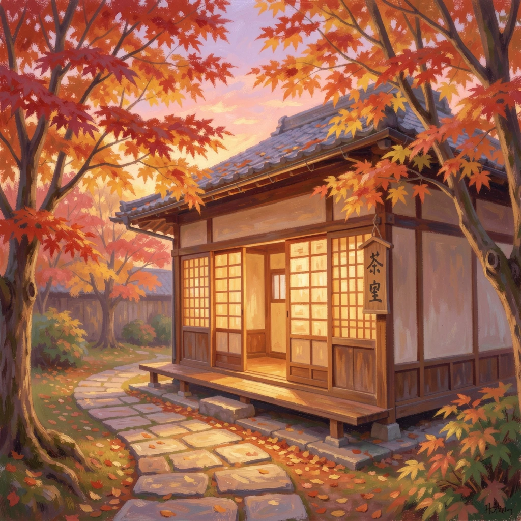 A traditional tea house in Kyoto surrounded by a garden of maple trees in full autumn color, under a glowing sunset sky.