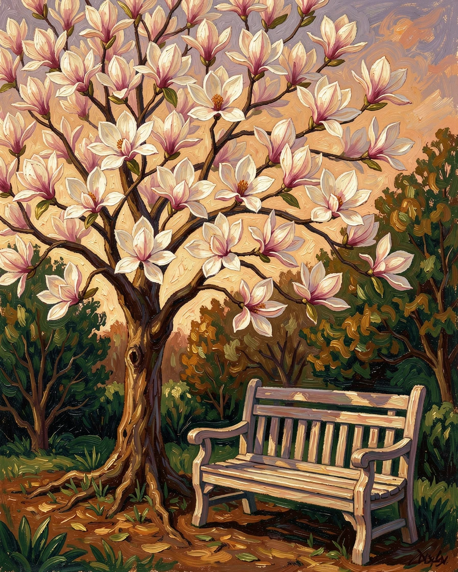 A magnolia tree in full bloom towering over a quiet garden bench.