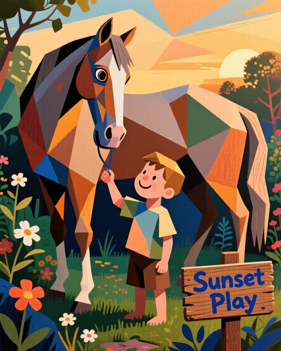 A charming portrait of a gentle old horse playing with a child in a garden, in the warm evening light.