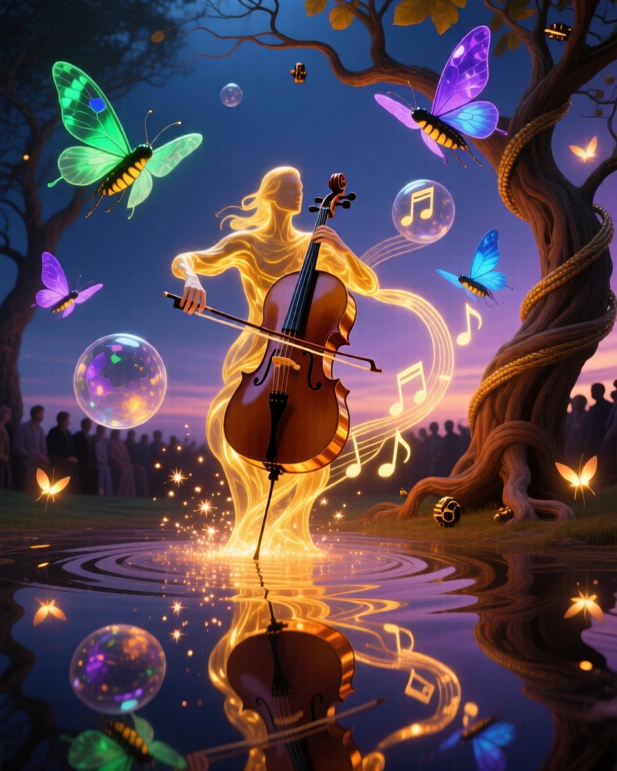 A cellist performing for an audience of softly glowing fireflies moves gracefully through a scene bathed in soft golden light, as tiny sparks of light rise gently from where they stand.