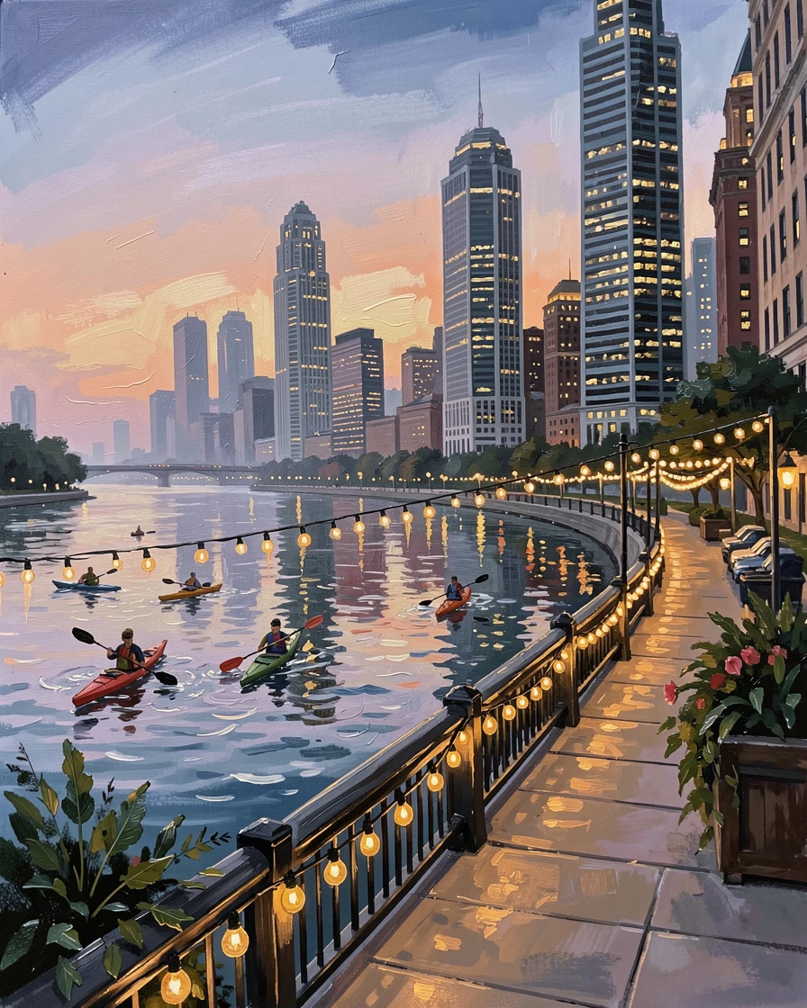 The Chicago Riverwalk glows with string lights at dusk, kayakers paddling past illuminated skyscrapers reflected in the calm water, a faint haze softening the far horizon while nearer details remain crisp and vivid.