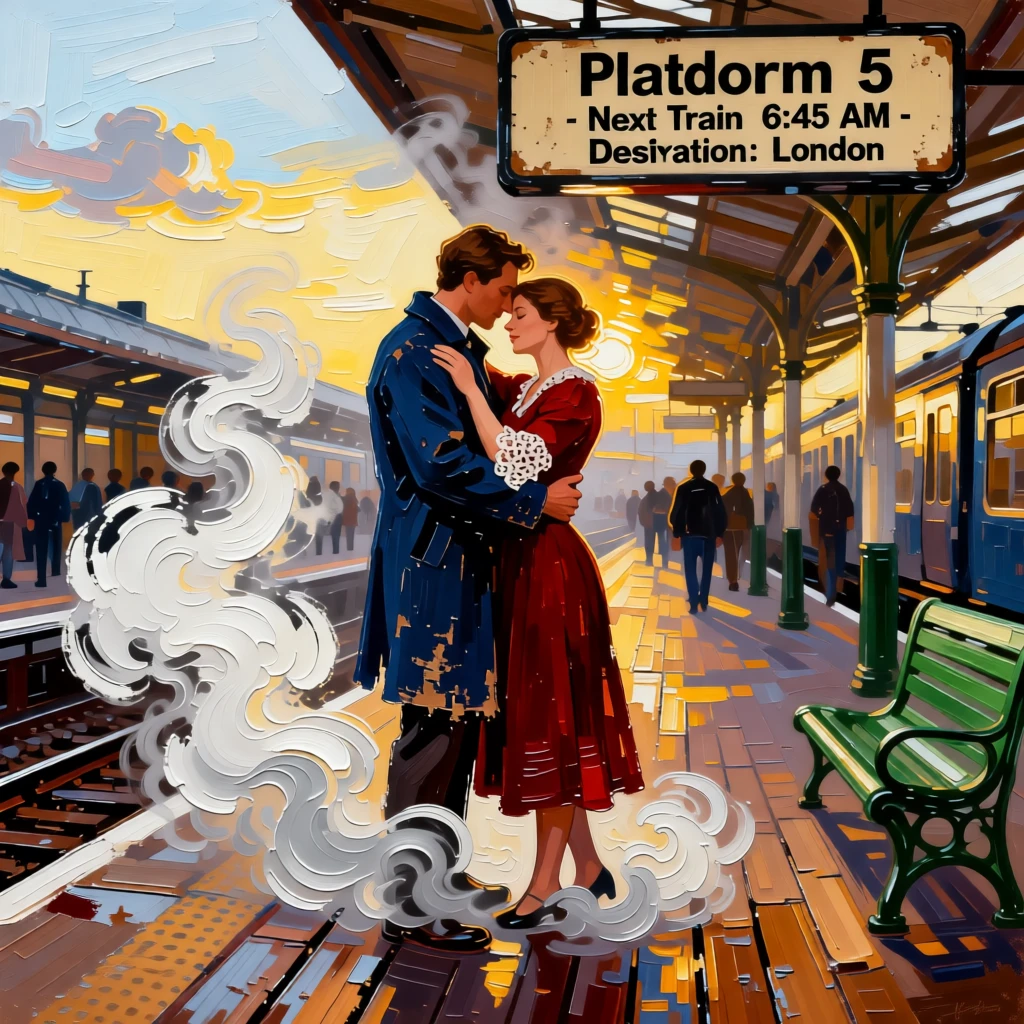 Two people embracing at a train station platform, steam rising around them