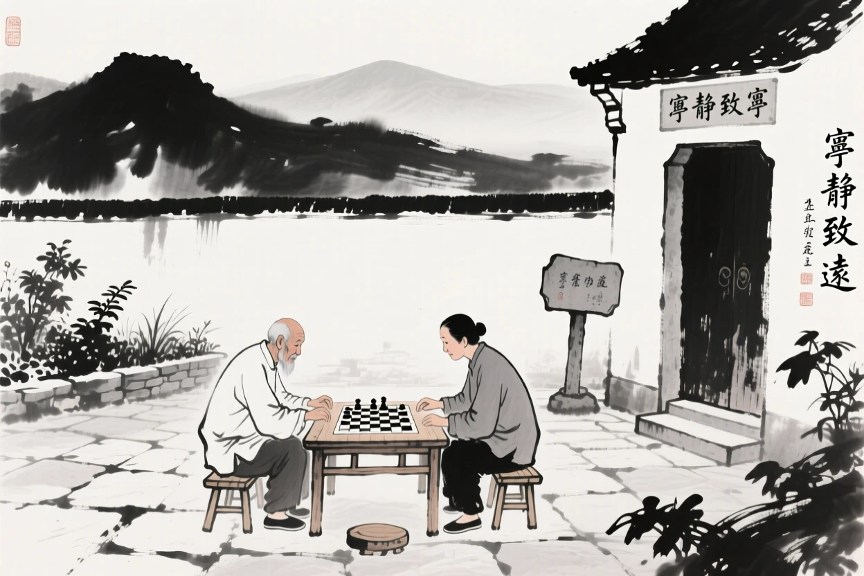 An old man plays a quiet game of chess with a neighbor in a courtyard, with distant hills visible beyond the garden wall.