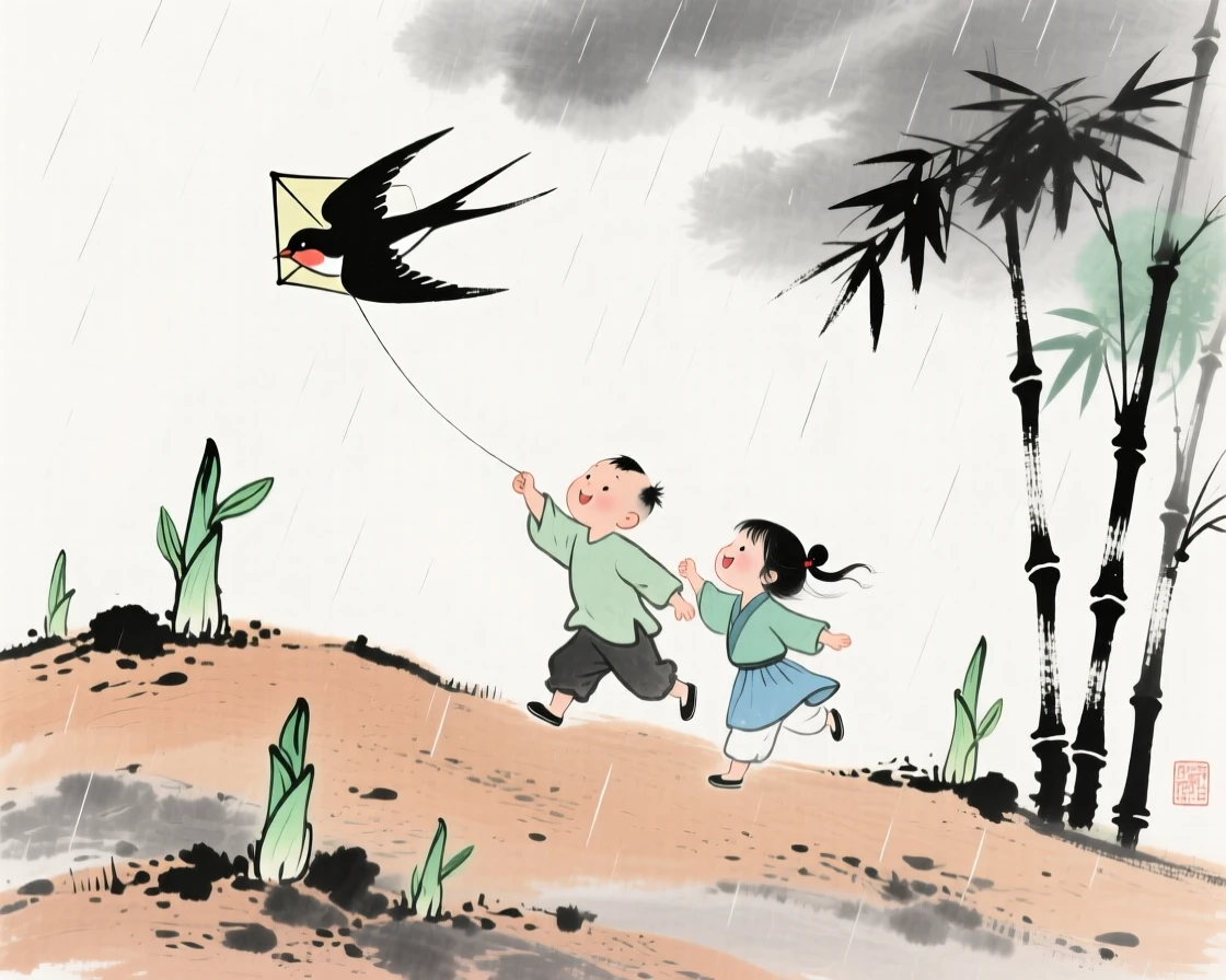 Children flying a kite shaped like a swallow on a breezy hillside, just after a rain shower, as new bamboo shoots break through the soil.
