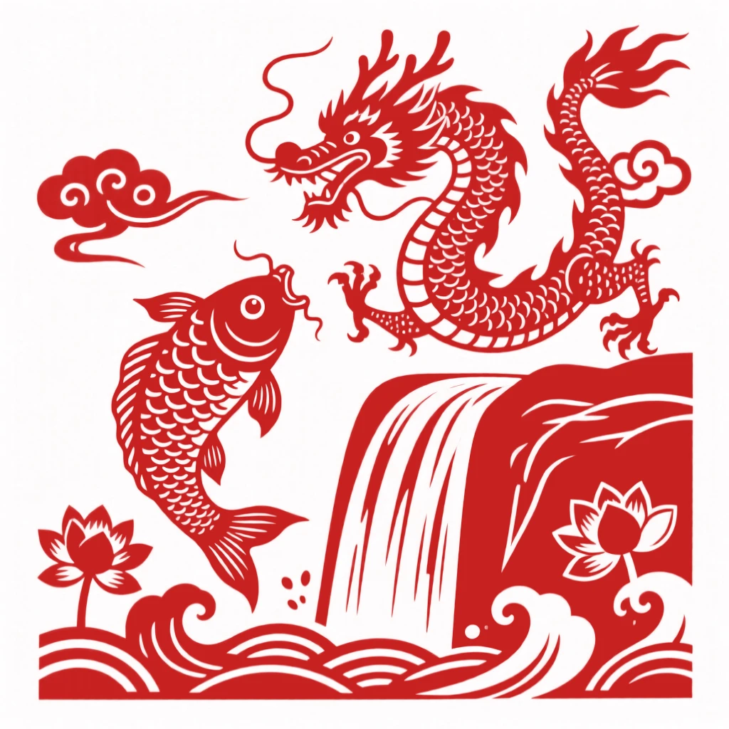 The legend of the carp leaping through the Dragon Gate waterfall, transforming into a dragon mid-leap