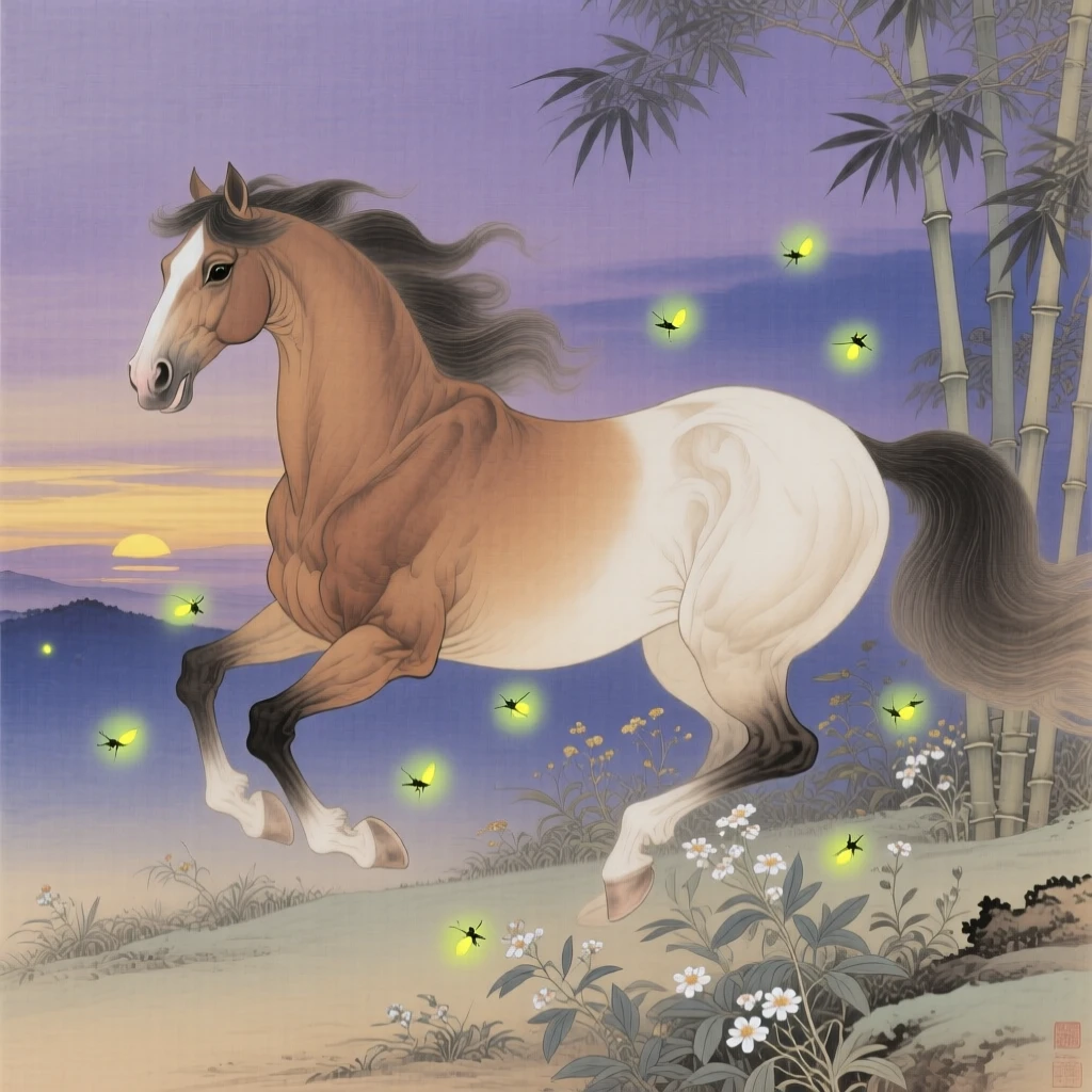 A horse chasing fireflies at twilight