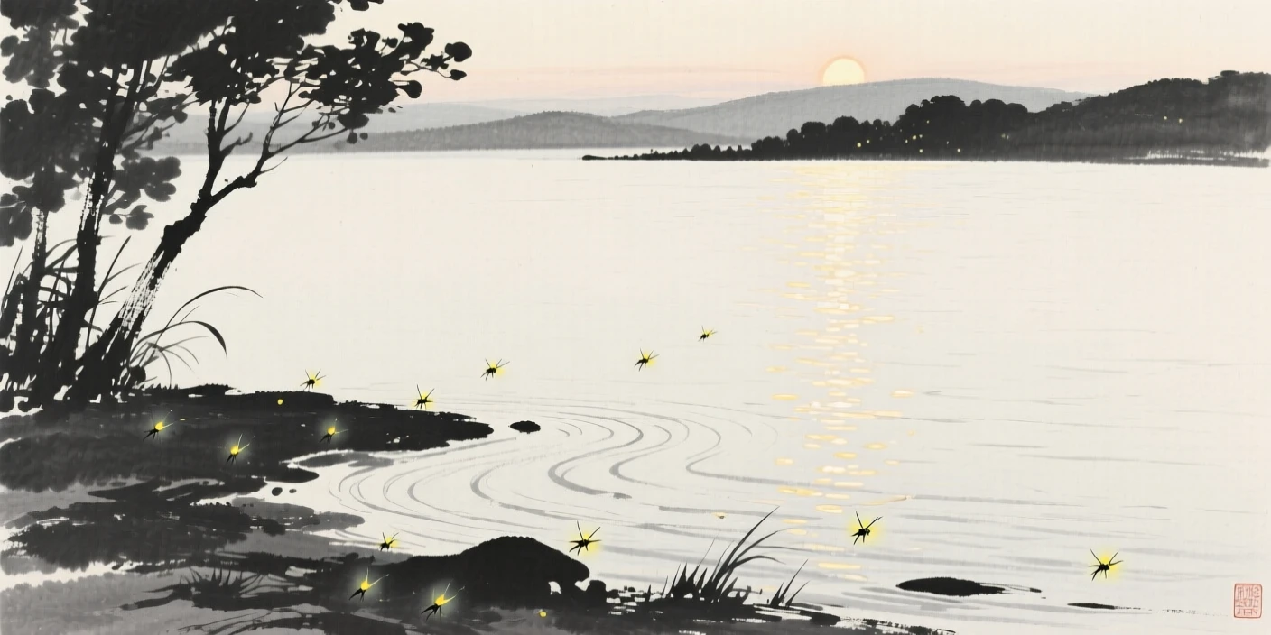 A summer evening filled with the glow of fireflies along the shore of a calm lake, framed to capture both intimate detail and the wider atmosphere, capturing the quiet magic of a changing season.