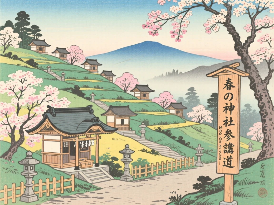 A hillside terrace of small shrines rising above blossoming cherry trees.