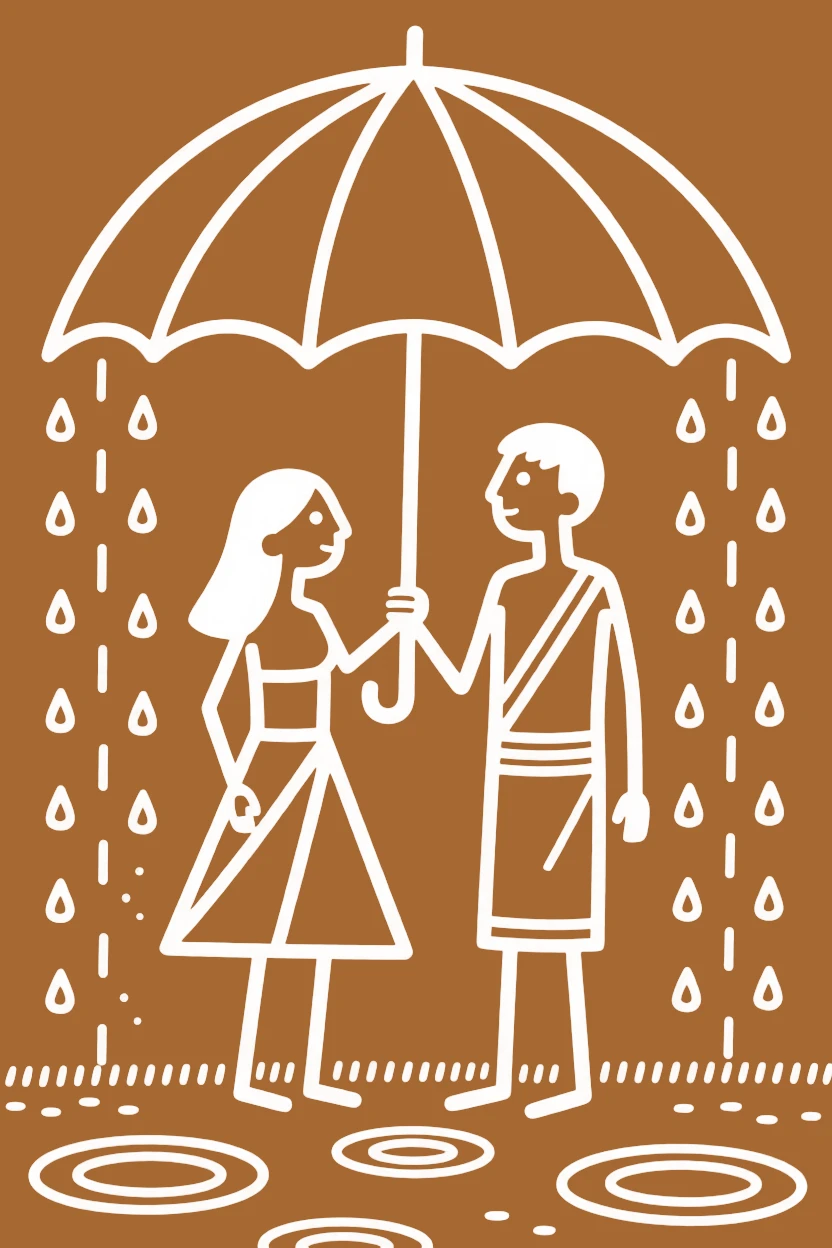 A young couple sharing a single umbrella in the rain.