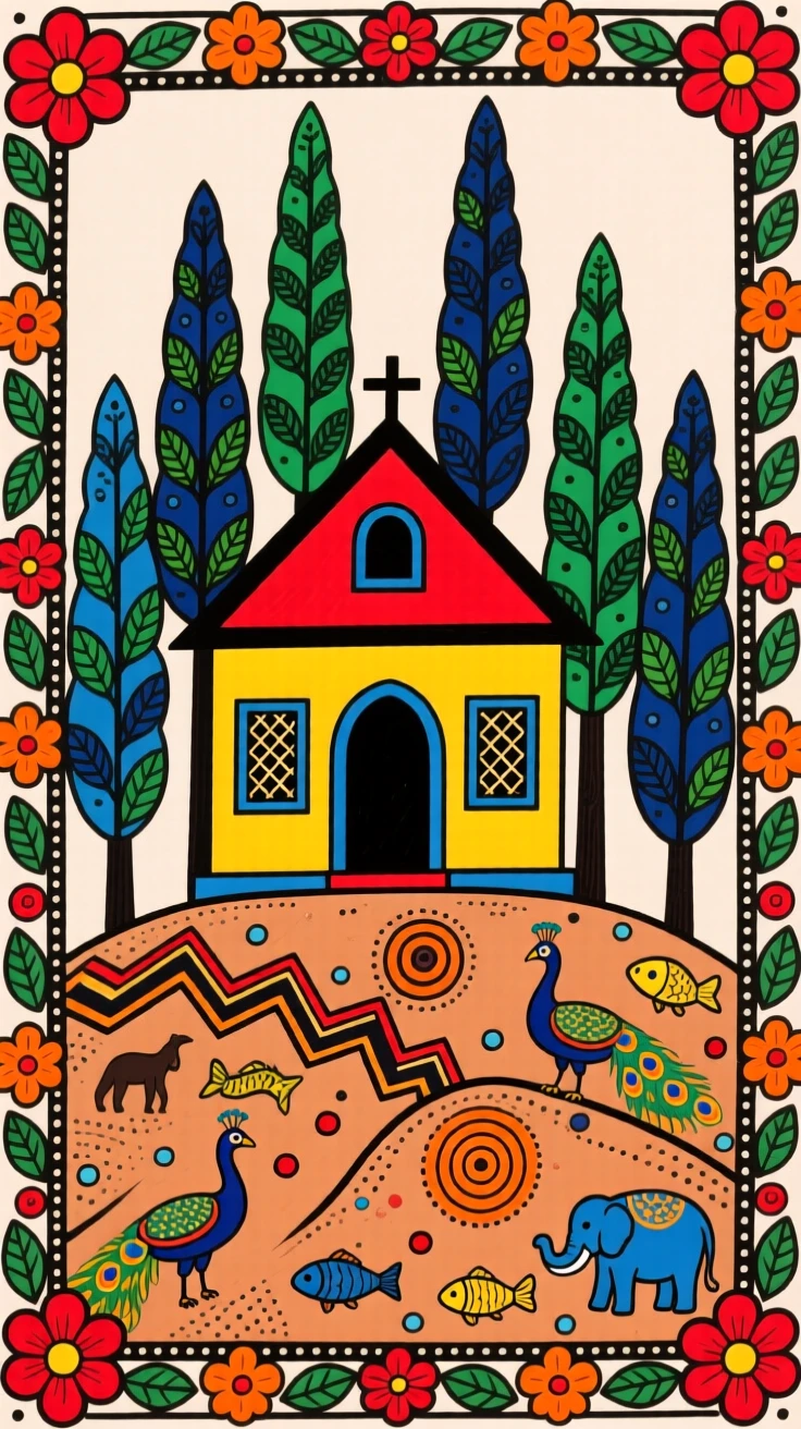 A quiet chapel nestled among cypress trees on a hillside.