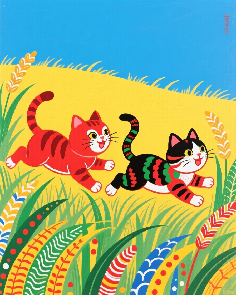 A pair of playful kittens running through a field of tall grass.