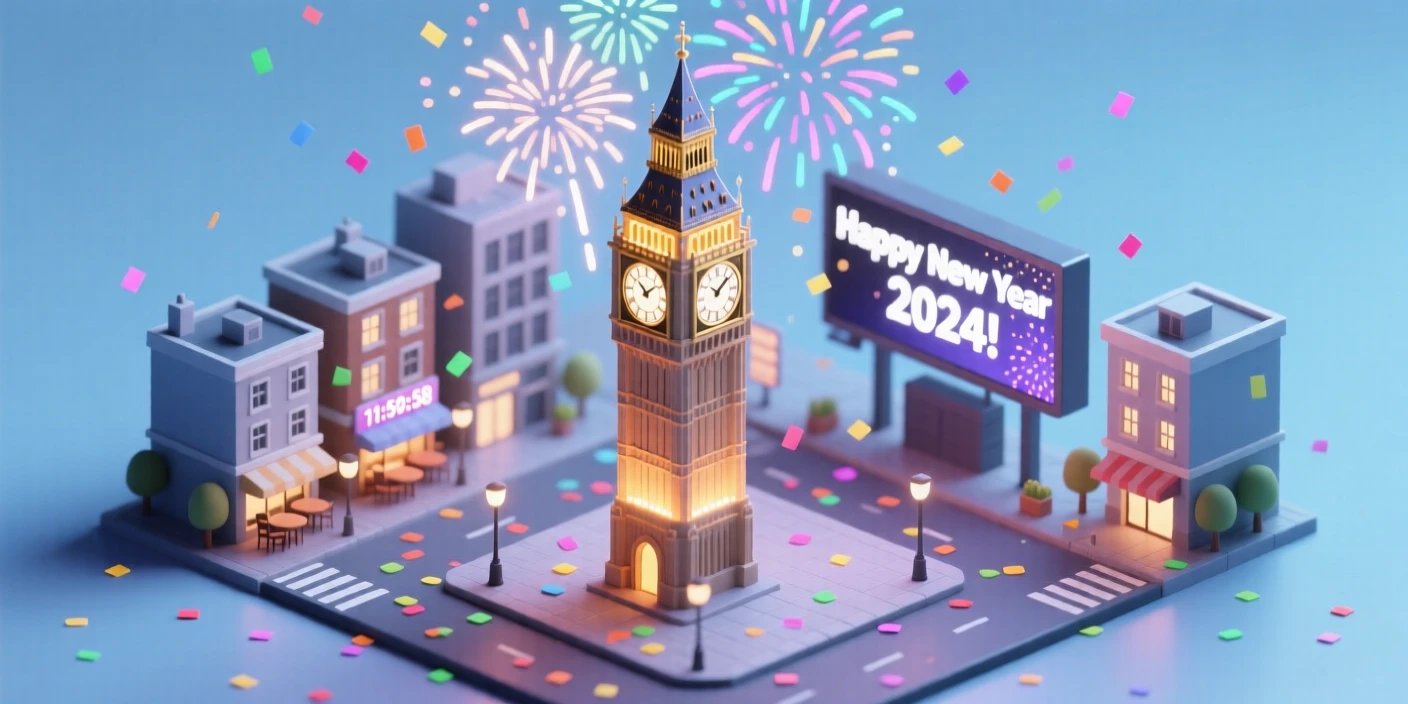 A New Year's Eve countdown in a city square, confetti raining down as fireworks explode over a glowing clock tower.