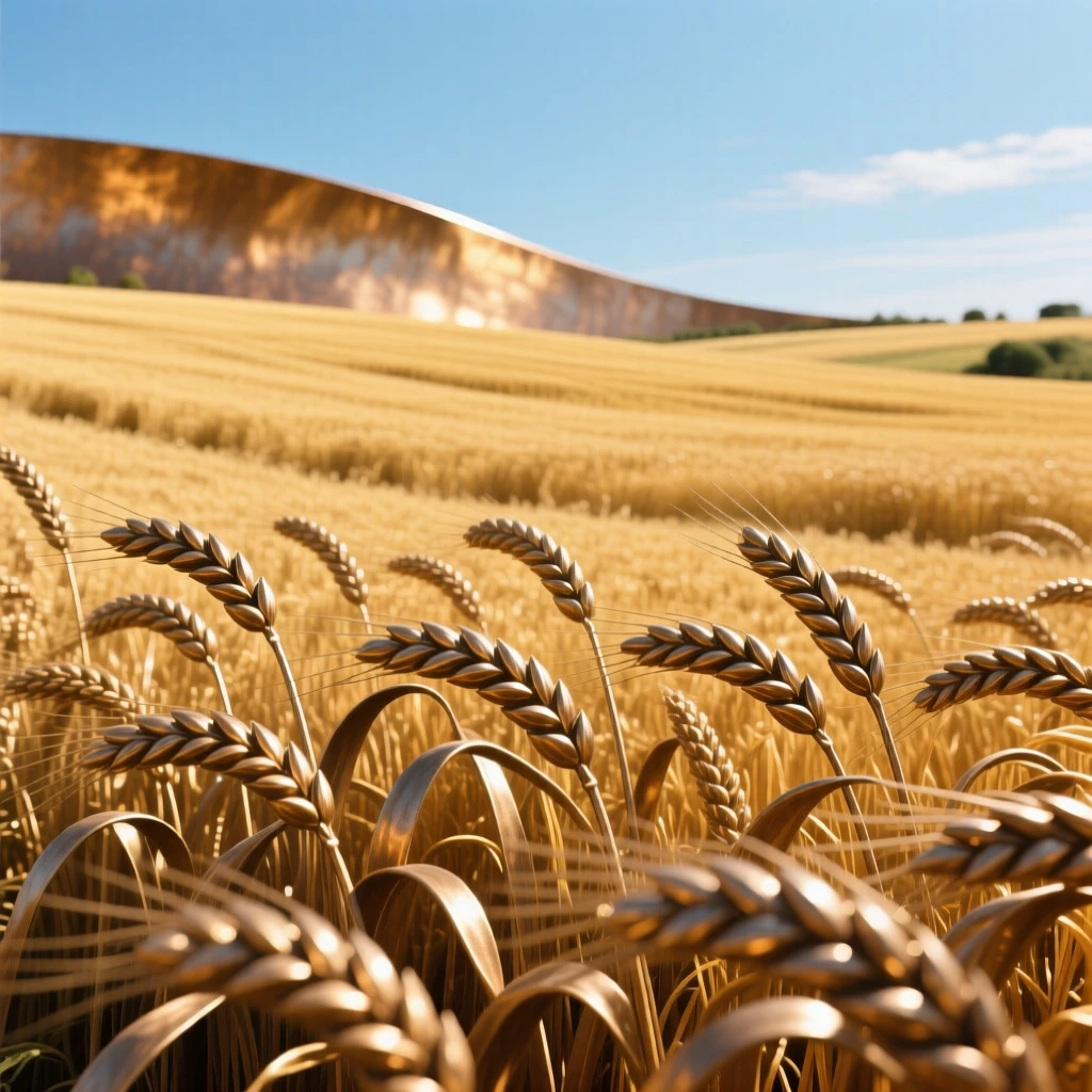 A golden wheat field swaying beneath a summer sky, with a striking sense of depth and distance, offering a breathtaking sense of place