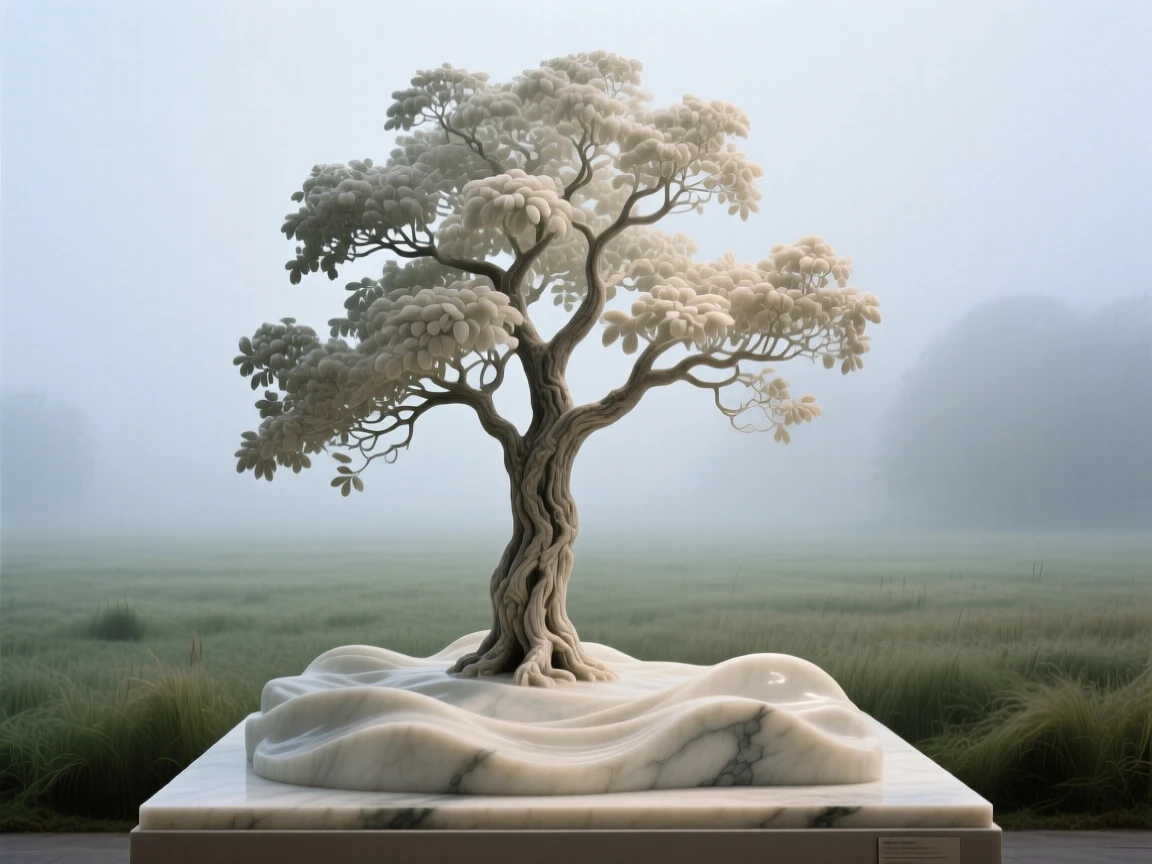 An evocative depiction of a solitary tree standing in a misty field, surrounded by soft, glowing light, balancing detail with emotional depth