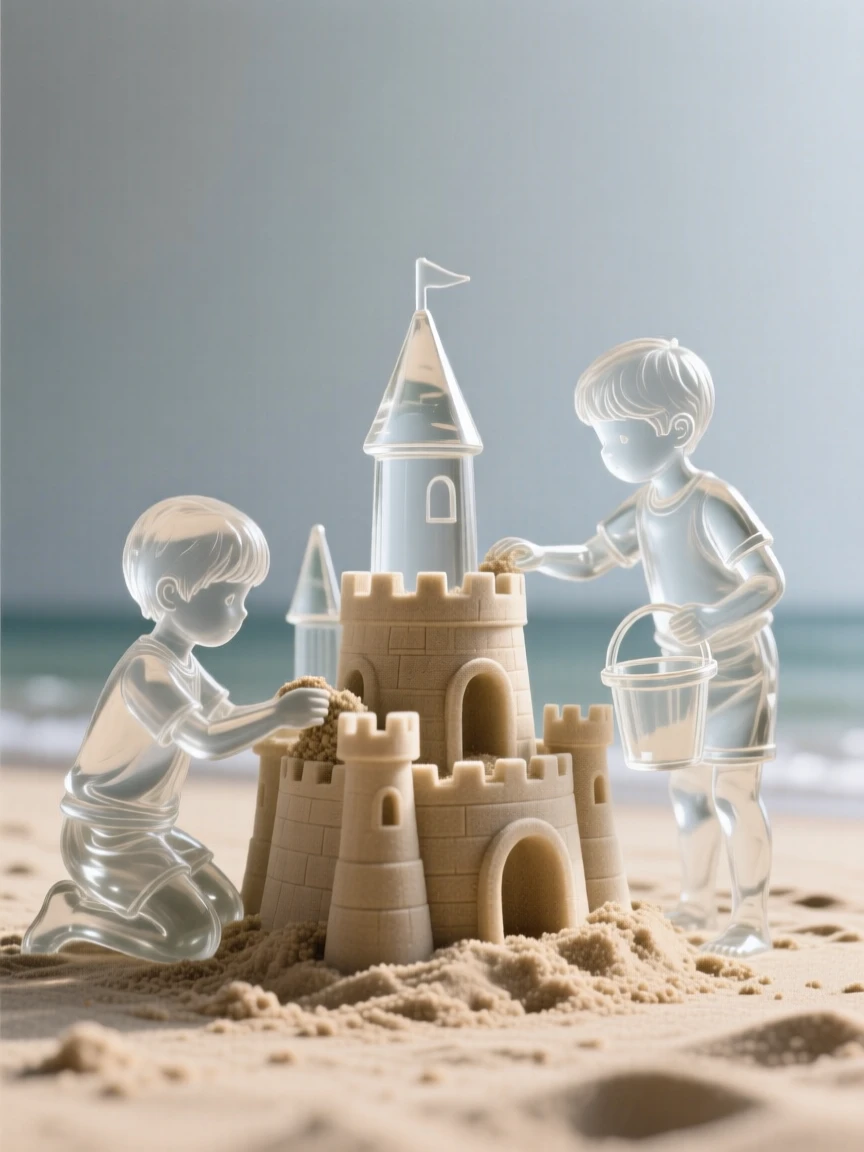 Two children building a sandcastle together on a quiet beach, with distant music drifting faintly through the air