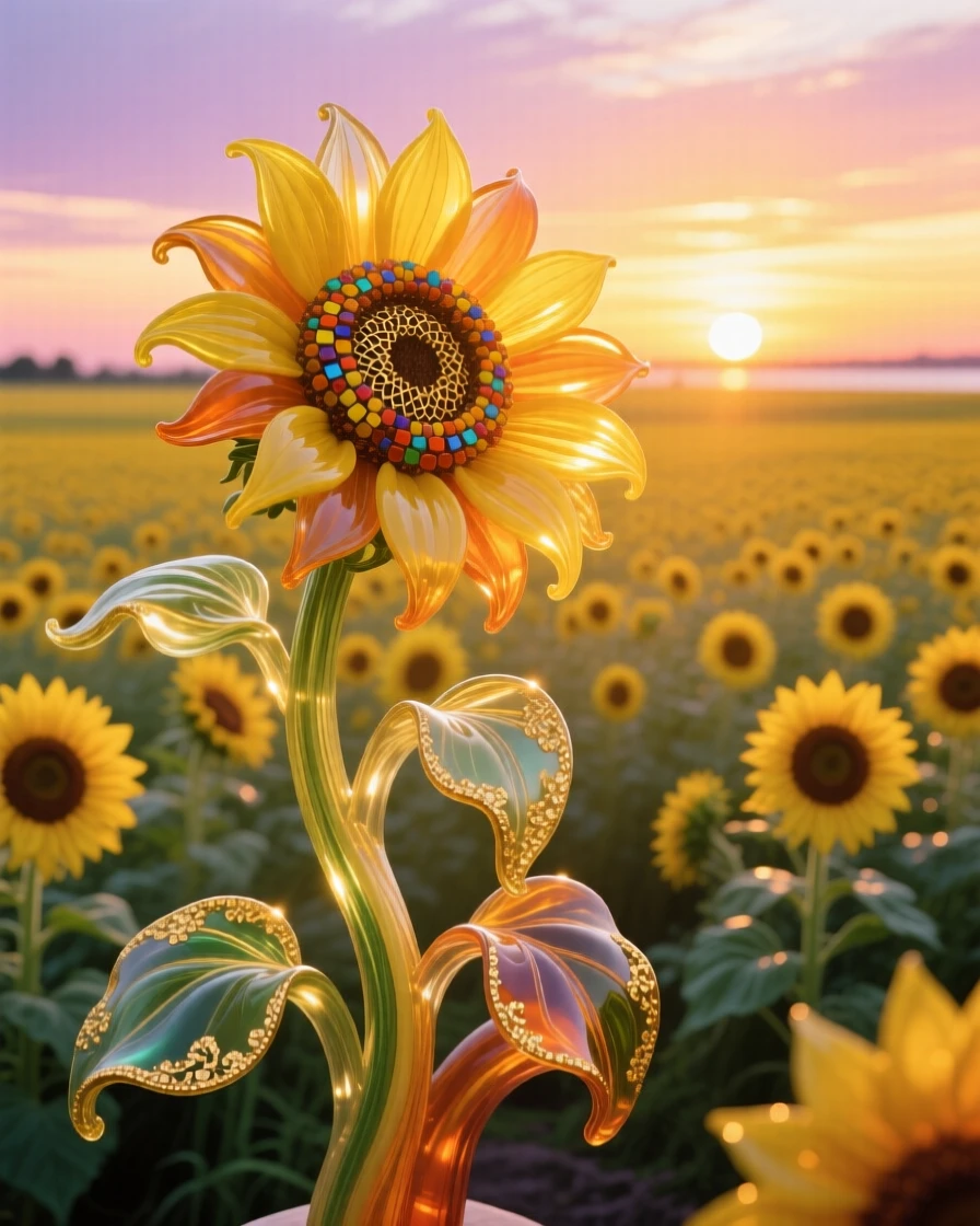 A field of blooming sunflowers stretching toward a golden sunset horizon, joyful and radiant.