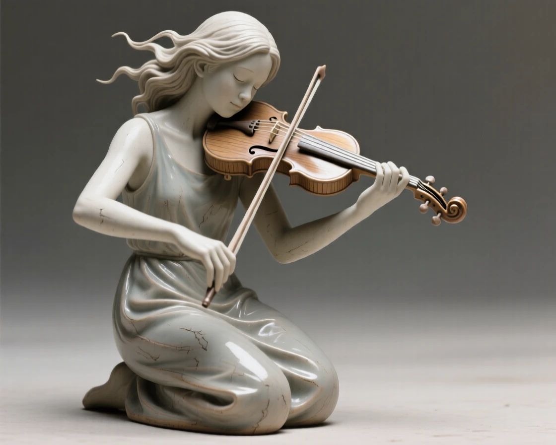 A violinist lost in the melody kneeling with quiet, contemplative stillness, with delicate strands of hair catching the breeze, filling the scene with joy and gentle wonder.