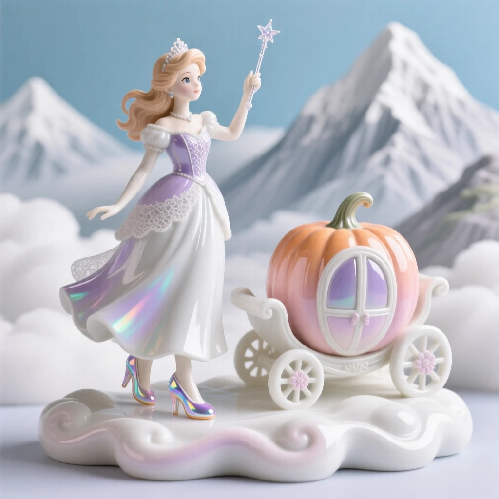 A whimsical scene of a glass-slipper princess waving a sparkling wand over a pumpkin carriage in a cloud kingdom above the mountains.