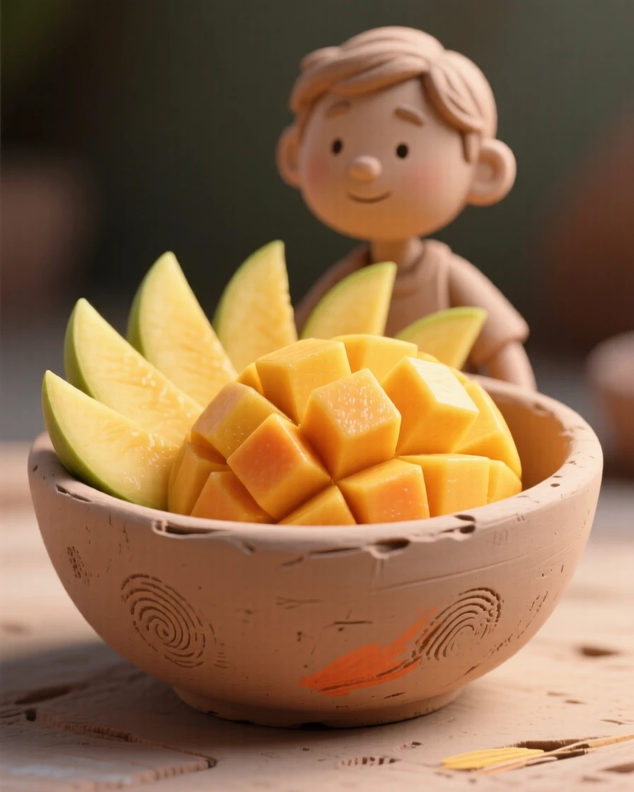 A bowl of fresh mango slices arranged in a fan pattern