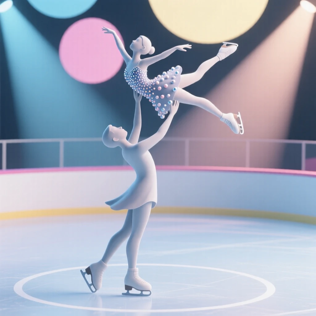 A graceful ice dancer lifts her partner high above the rink, sequins sparkling under colorful spotlights.