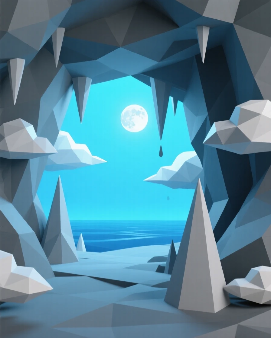 An underwater cave glowing with soft blue light, amid drifting clouds lit by moonlight. the composition uses a wide, immersive perspective. The scene feels vast, mysterious, and awe-inspiring.