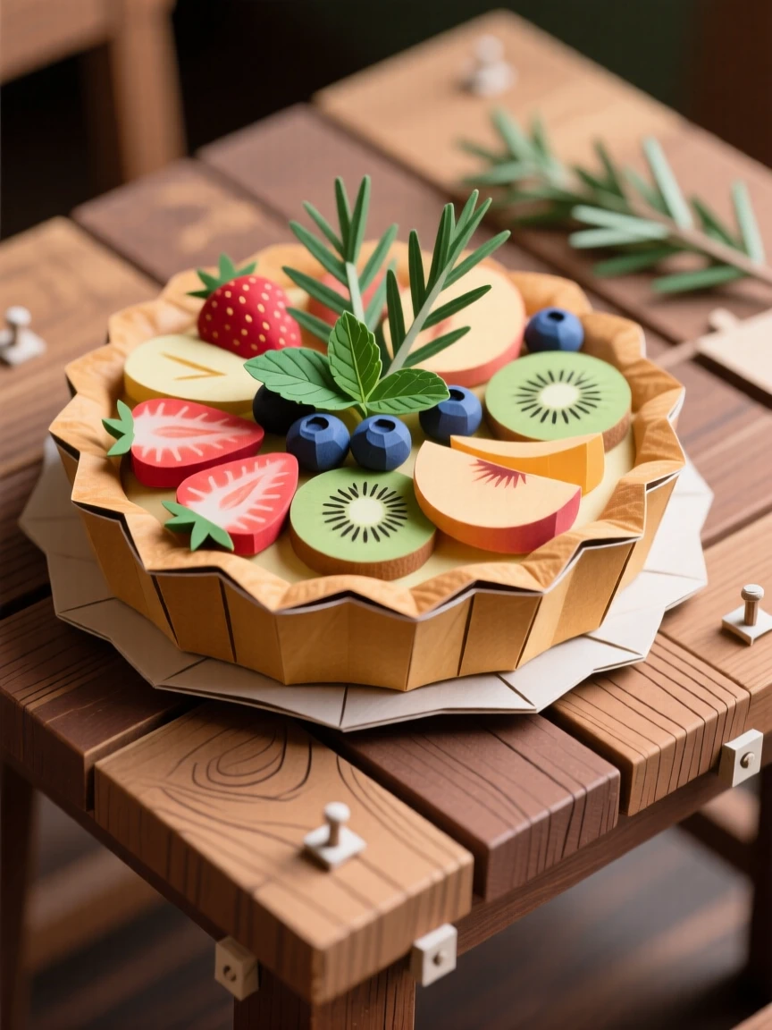 A fresh-baked fruit tart set on a rustic wooden table, with fresh herbs scattered on top, evoking cozy, homemade charm.