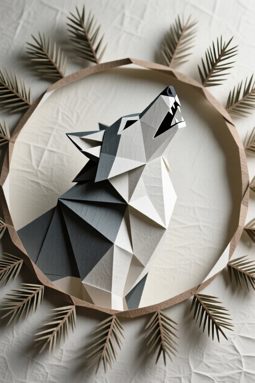 A stylized wolf howling within a circular frame bordered by pine branches.