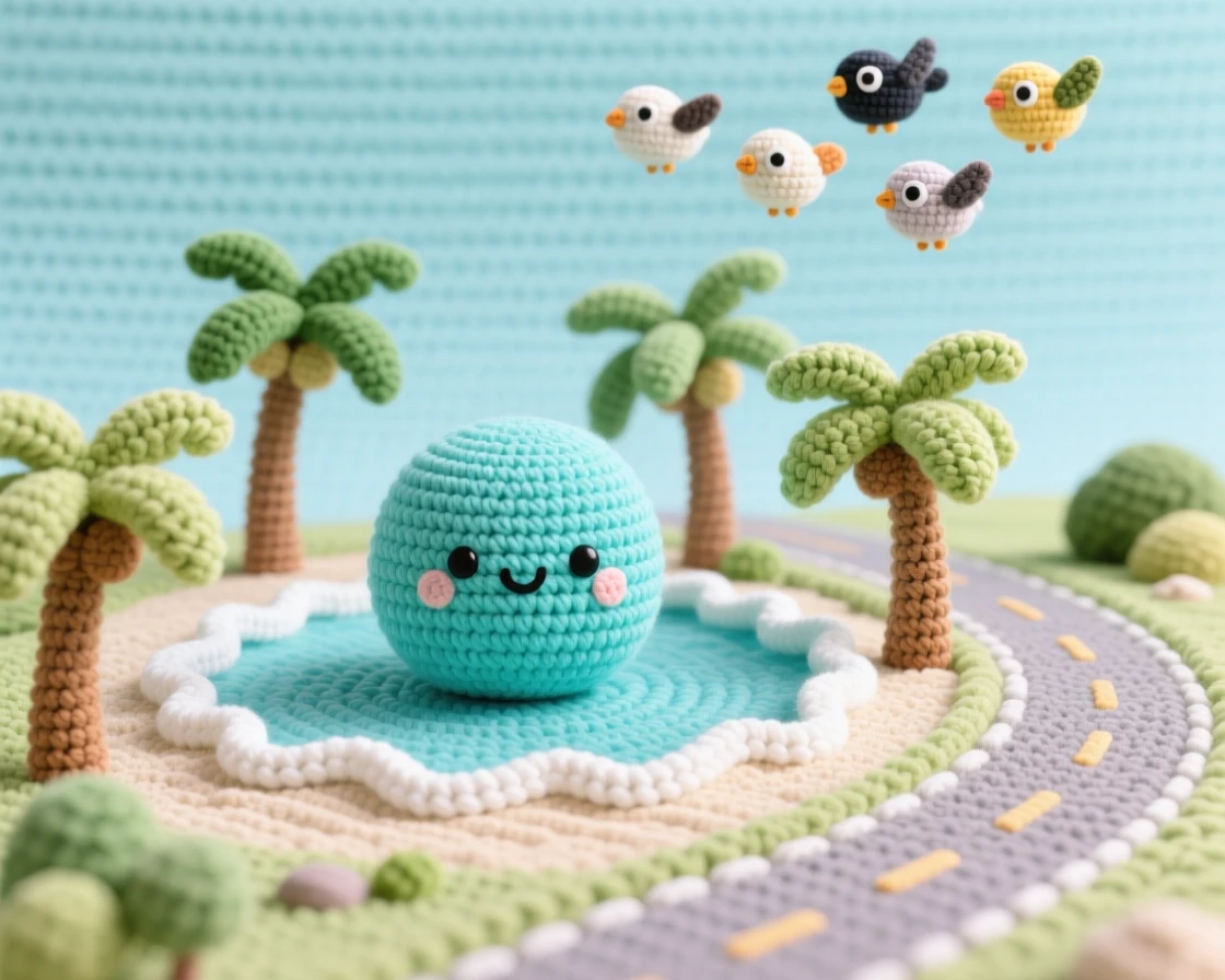 A picturesque scene featuring a small tropical lagoon, ringed by white sand and palm trees, glowing turquoise beneath a clear sky beside a gently winding countryside road, accompanied by a small flock of birds passing overhead, capturing gentle awe at nature's quiet grandeur.
