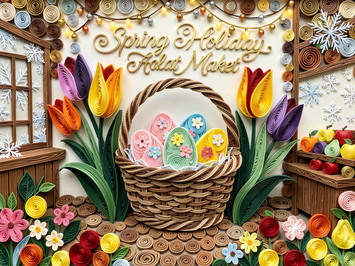 A festive holiday scene of a springtime Easter basket nestled among tulips in a bustling holiday market filled with twinkling lights, with delicate frost patterns on nearby surfaces, composed with rich layered foreground details.