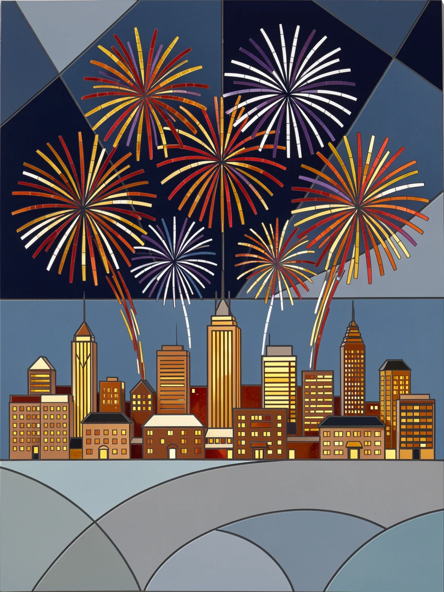 A new year's eve fireworks display bursting over a city skyline, filled with warm light, motion, and joyful energy.