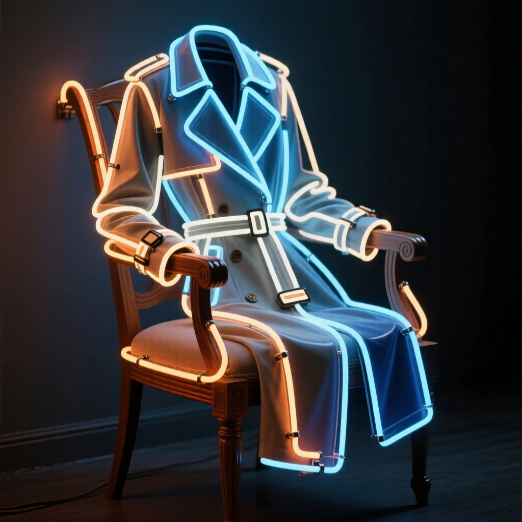 A tailored trench coat draped over an antique wooden chair.