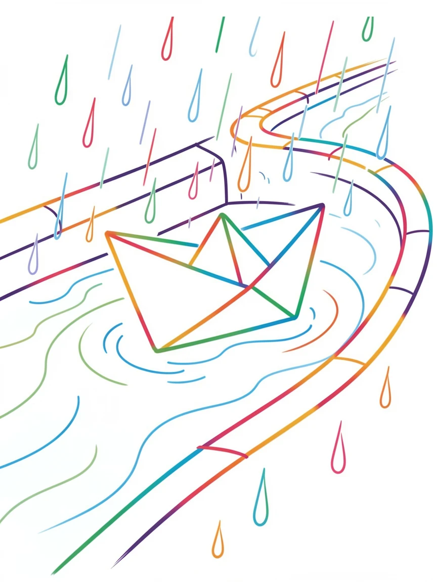 A single paper boat floating down a rain-filled gutter stream.